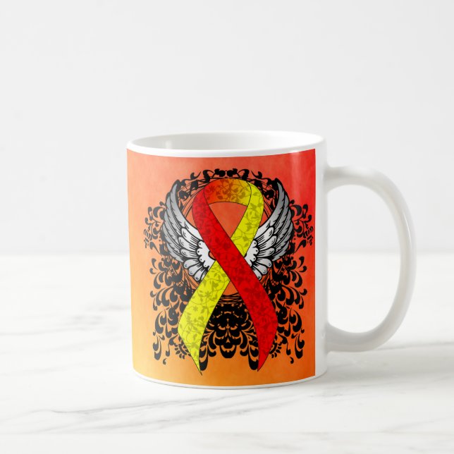 Red and Yellow Awareness Ribbon with Wings Coffee Mug (Right)
