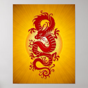 Red and Yellow Burst Chinese Dragon Poster