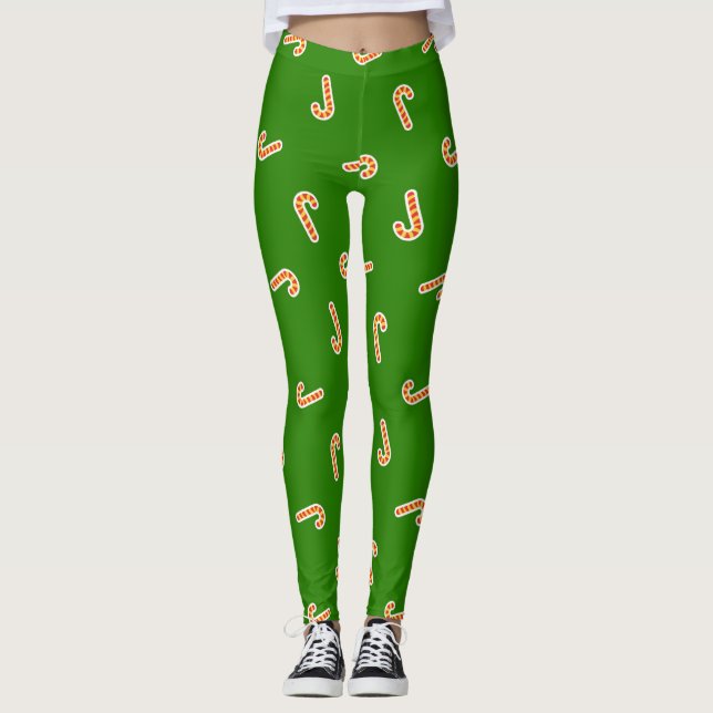 Red and yellow candy canes green leggings (Front)