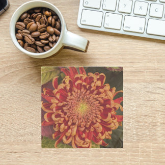 Red and Yellow Chrysanthemum Floral Stone Coaster