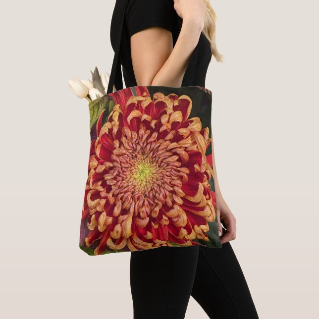 Red and Yellow Chrysanthemum Floral Tote Bag (Close Up)