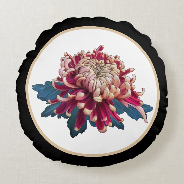 Red and yellow chrysanthemum illustration black round cushion (Front)