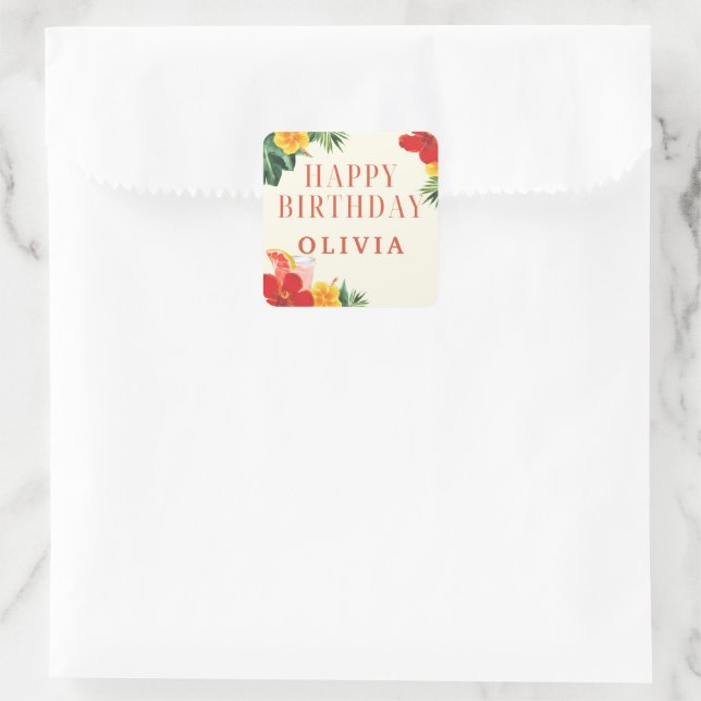 Red and Yellow Cocktail Birthday Party Square Sticker (Bag)