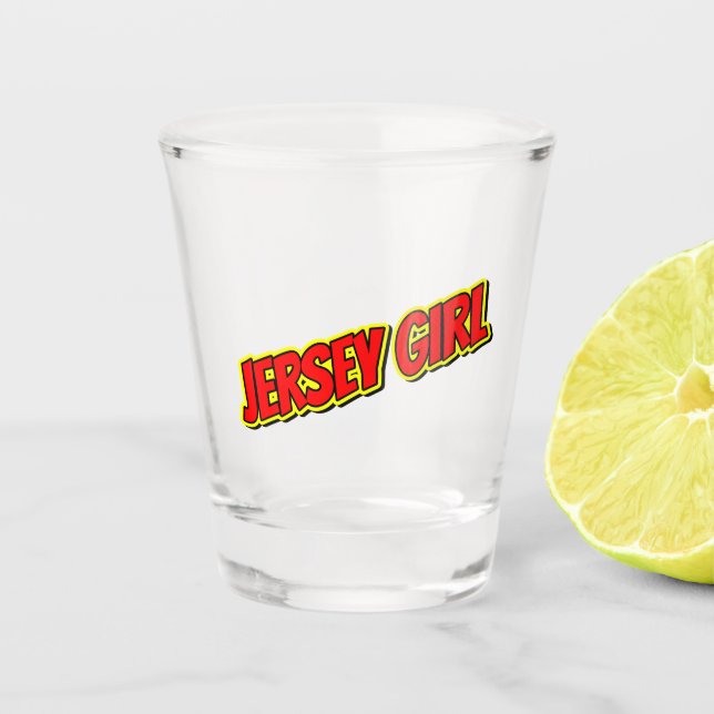 Red and Yellow Comic Jersey Girl   Shot Glass (Front)