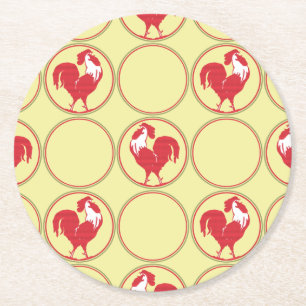Red and Yellow Country Rooster Pattern Round Paper Coaster