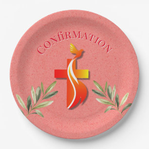 Red and Yellow Cross and a Dove Confirmation  Paper Plate