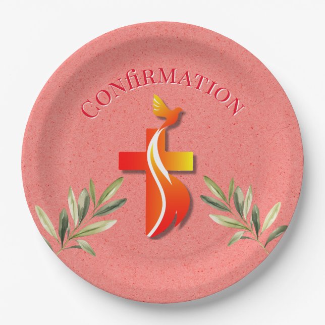 Red and Yellow Cross and a Dove Confirmation  Paper Plate (Front)
