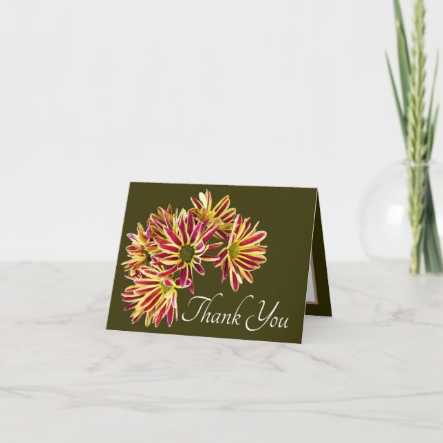 Red and Yellow Daisies Green Background Thank You Card (Front)