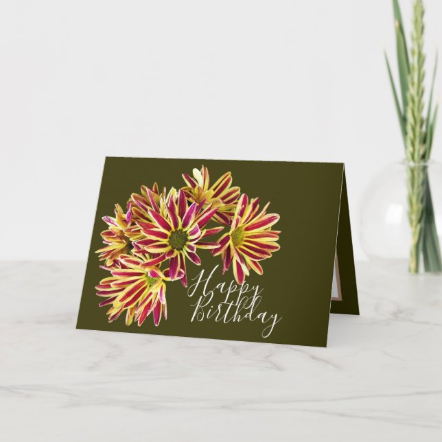 Red and Yellow Daisies Olive Green Background Card (Front)