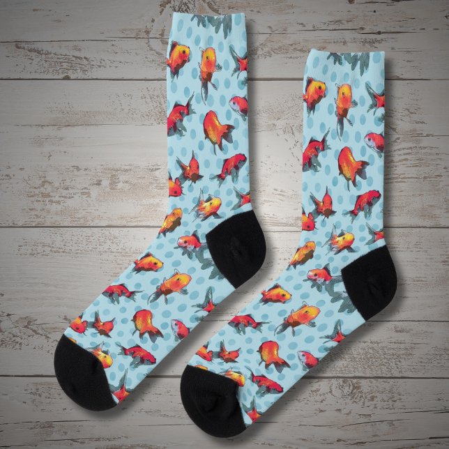 Red and yellow fish on blue background socks (Creator Uploaded)