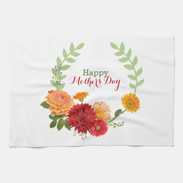 Red And Yellow Flowers In A Wreath Tea Towel (Horizontal)