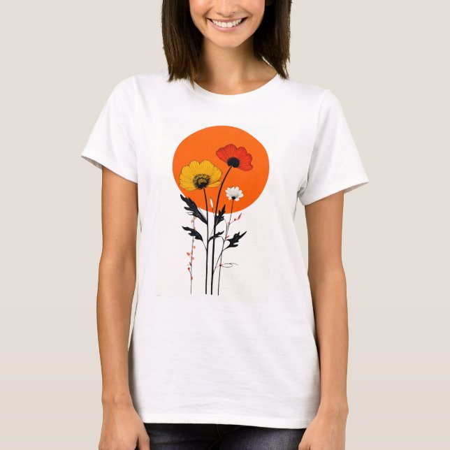 Red and Yellow Flowers with Sun T-Shirt (Front)