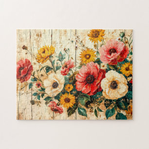 Red and Yellow Garden Flowers on Wood Jigsaw Puzzle