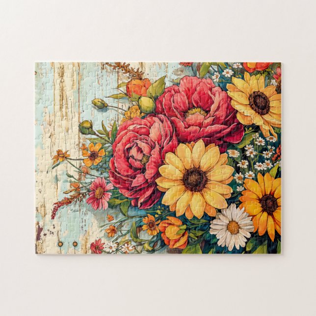 Red and Yellow Garden Flowers on Wood Jigsaw Puzzle (Horizontal)