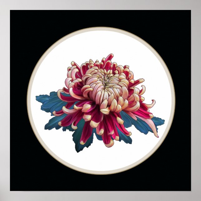 red and yellow Japanese chrysanthemum black circle Poster (Front)