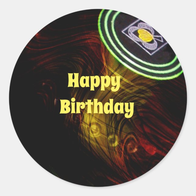 Red And Yellow Lawn Bowl, Round Birthday Stickers (Front)
