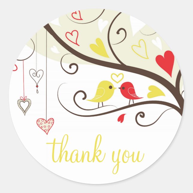 Red and Yellow Love Birds Thank You Sticker (Front)