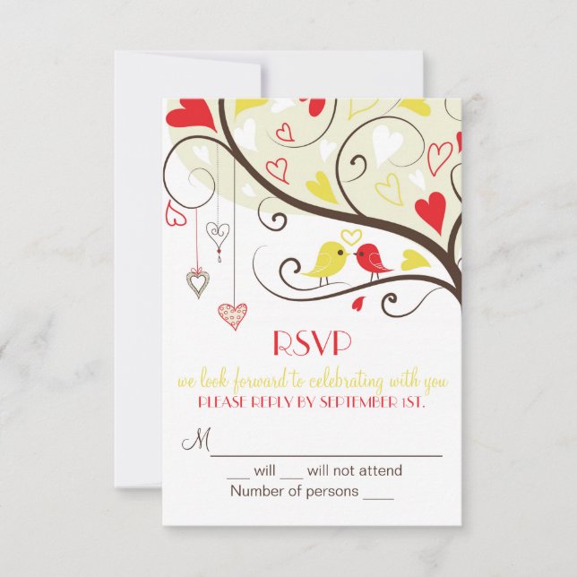 Red and Yellow Lovebirds RSVP Wedding Card Invites (Front)