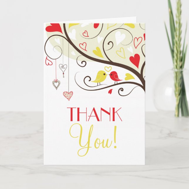 Red and Yellow Lovebirds Wedding Thank You Card (Front)
