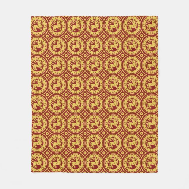 Red and Yellow Mediaeval Lions Fleece Blanket (Front)