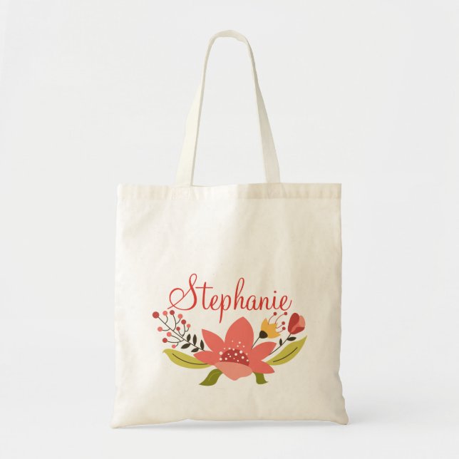 Red and Yellow Personalised Floral Wreath Tote Bag (Front)