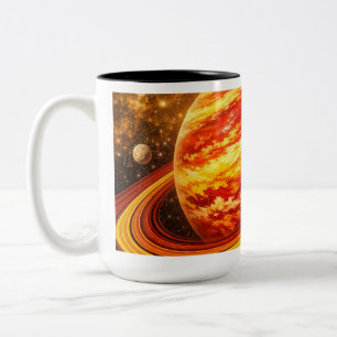 Red and Yellow Planet with Rings Two-Tone Coffee Mug