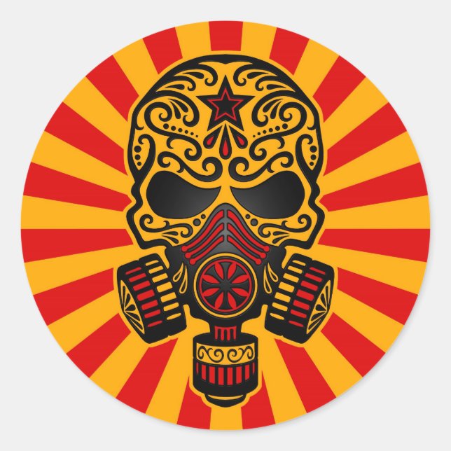 Red and Yellow Post Apocalyptic Sugar Skull Classic Round Sticker (Front)