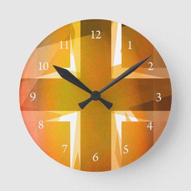 Red and yellow religious cross round clock (Front)