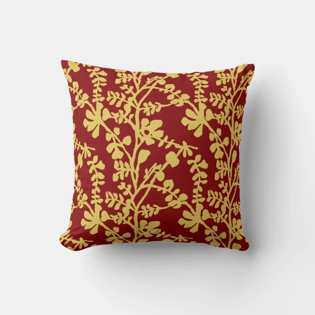 Red And Yellow Repeating Plant Pattern Cushion (Front)