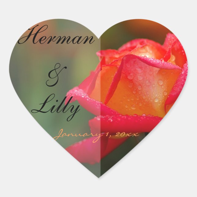 Red and Yellow Rose Personalised Wedding Heart Sticker (Front)