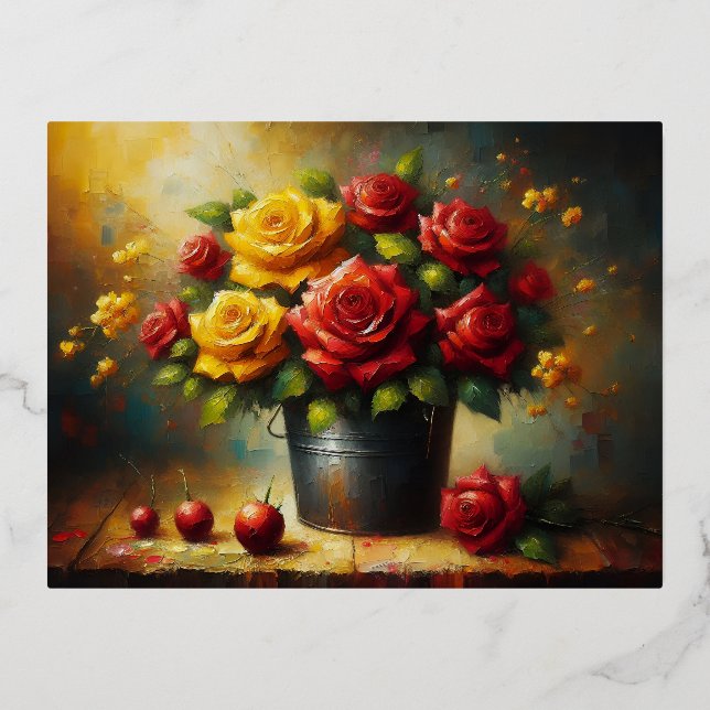 Red and yellow roses in a pot foil holiday postcard (Front)