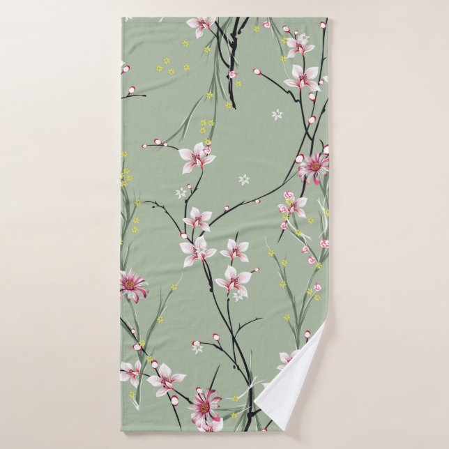 red and yellow small flower pattern on green backg bath towel (Bath Towel)