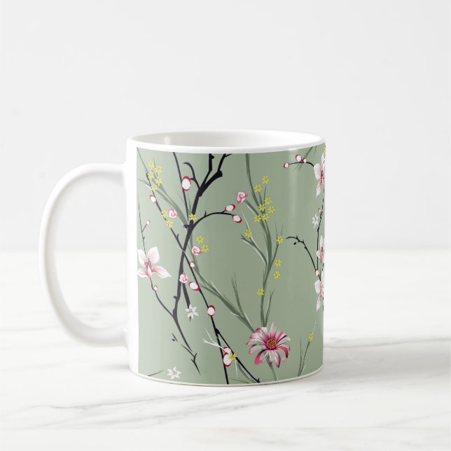 red and yellow small flower pattern on green backg coffee mug (Left)