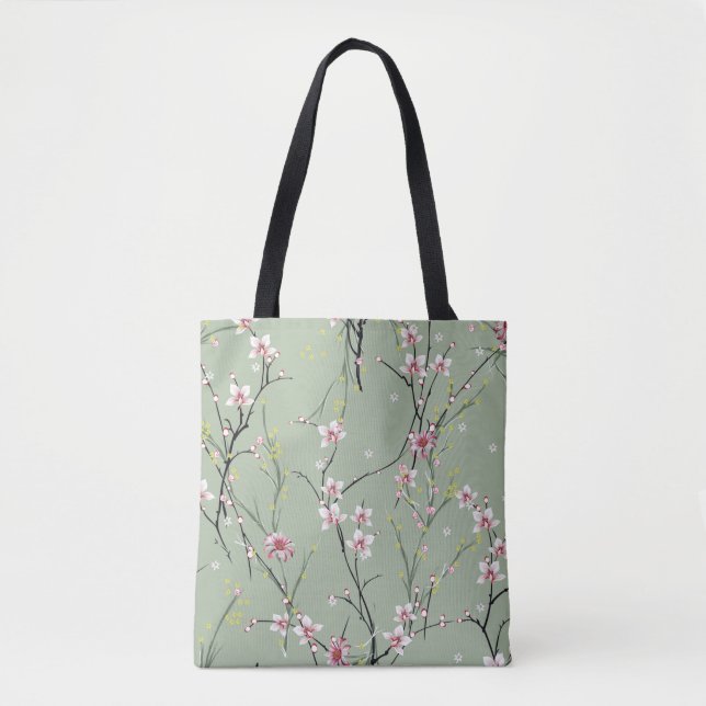 red and yellow small flower pattern on green backg tote bag (Front)