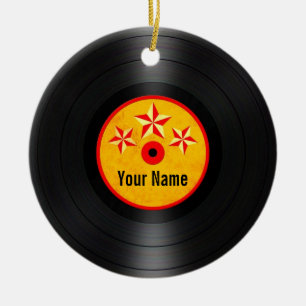 Red and Yellow Stars Personalised Vinyl Record Ceramic Tree Decoration