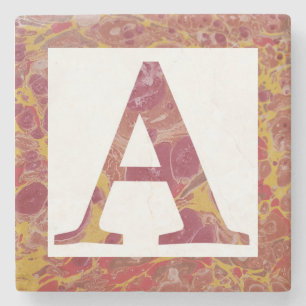 Red and Yellow Stone Marbled Monogram A Coaster