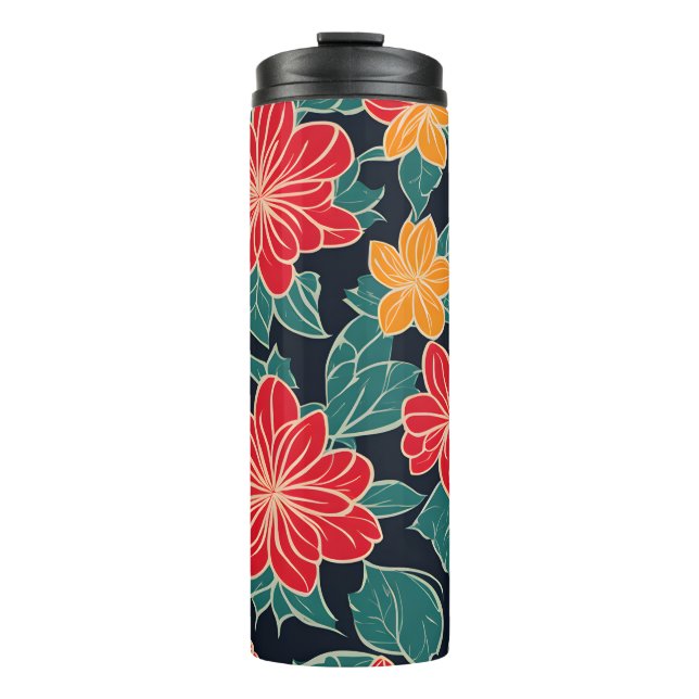 Red and Yellow Stylised Flowers Black Background Thermal Tumbler (Front)