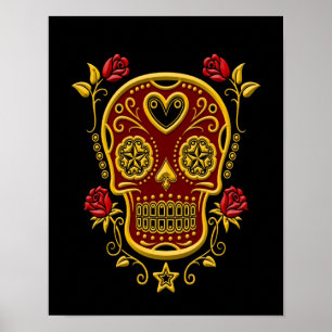 Red and Yellow Sugar Skull with Roses on Black Poster