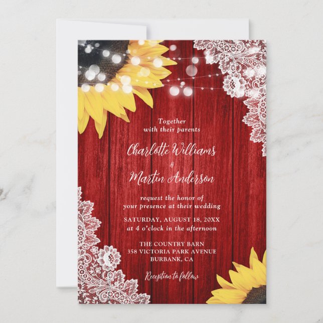 Red and Yellow Sunflower Rustic Wood Lace Wedding Invitation (Front)