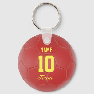 Red and Yellow Team Soccer Ball Personalised Name Key Ring