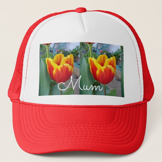 Red and Yellow Tulip floral Garden Photo Mum Trucker Hat (Front)