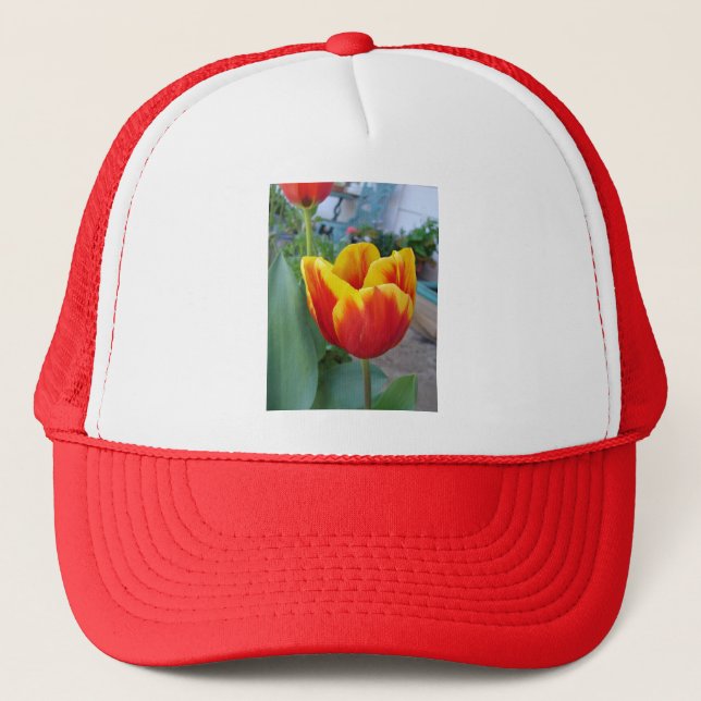 Red and Yellow Tulip floral Garden Photo Trucker Hat (Front)