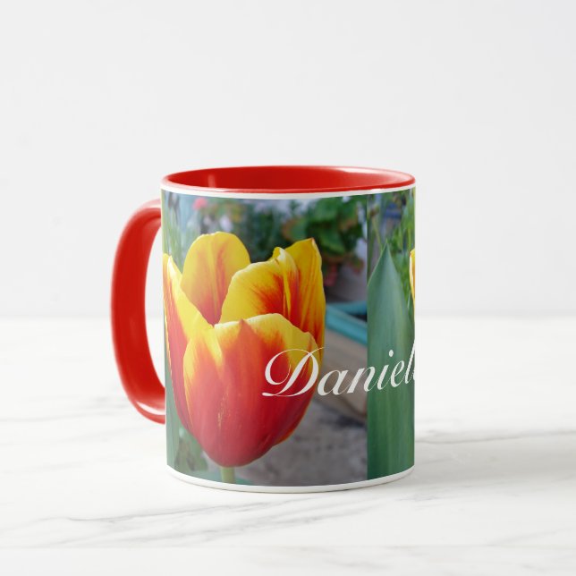 Red and Yellow Tulip floral Garden Womans Name Mug (Front Left)