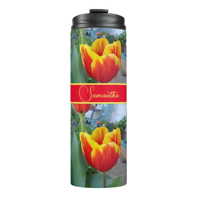 Red and Yellow Tulip Floral Womans Name Thermal Tumbler (Front)