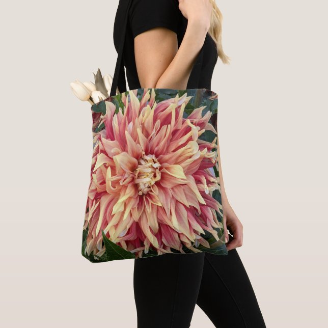 Red and Yellow Variegated Dahlia Bloom Floral Tote Bag (Close Up)