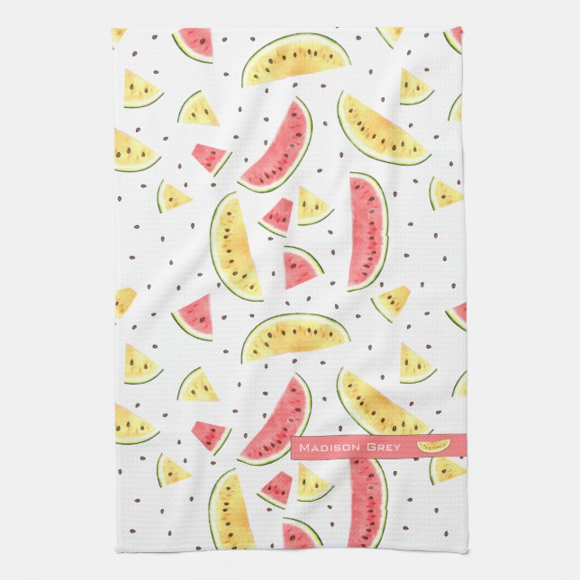 Red and Yellow Watercolor Watermelons Pattern Tea Towel (Vertical)