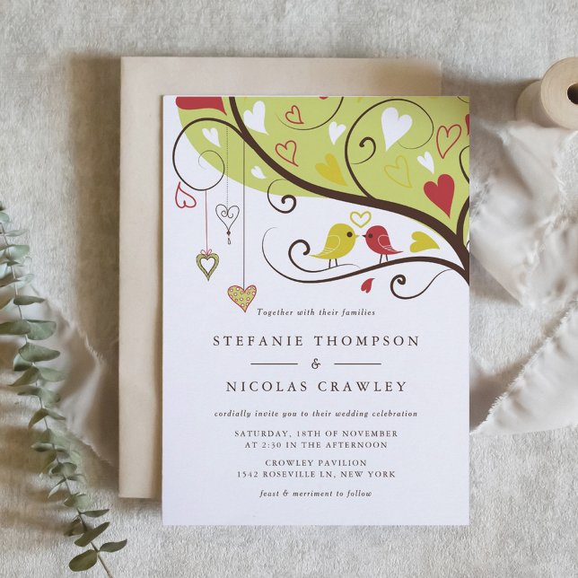Red and Yellow Whimsical Lovebirds Wedding Invitation (Yellow and Red Lovebirds Wedding Invitation)