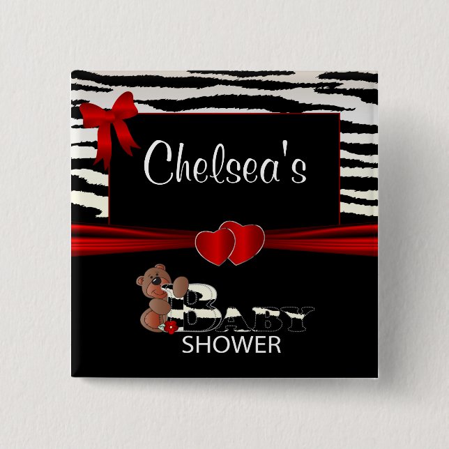 Red and Zebra Stripes Baby Shower 15 Cm Square Badge (Front)