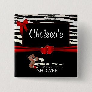 Red and Zebra Stripes Baby Shower 15 Cm Square Badge