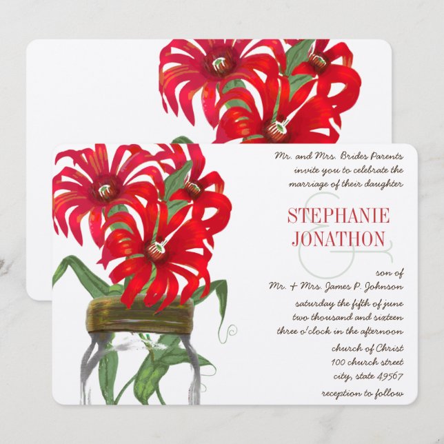 Red Andes Mountain Wild Flower  Mason Jar Wedding Invitation (Front/Back)